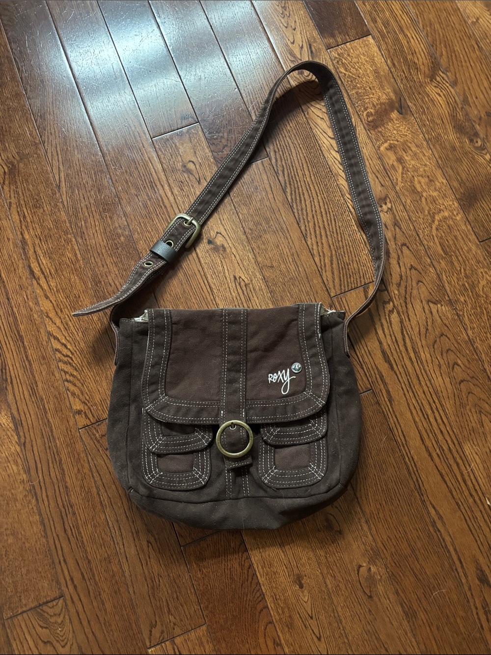 Roxy Dark Brown Canvas Messenger Bag with Brass Buckle